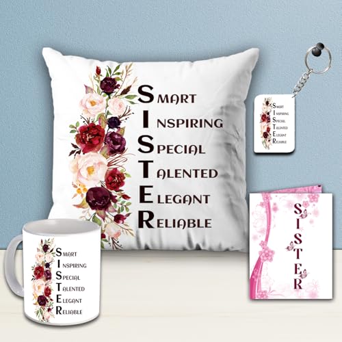 Image of Gift for Sister | Rakhi Gift for Sister Sister on Birthday, Raksha Bandhan Sister Quoted Keyring with Printed Mug (350 Ml) and Cushion (12 X12 inch) with Greeting Card Combo
