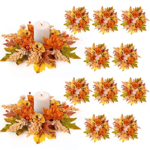 Image of 12 Pcs Fall Floral Candle Rings Mini Autumn Candle Rings Wreaths with Berries Table Centerpiece Fall Hanging Wreath for Farmhouse Table Front Door Indoor Decorations