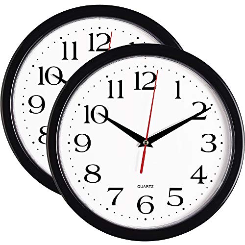 Image of Bernhard Products - Black Wall Clocks, 2 Pack Silent Non Ticking 10 Inch Quality Quartz Battery Operated Round Easy to Read Home /Office /School Clock (Black)