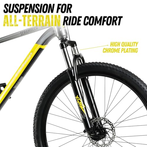 Image of FitTrip 29T Scrambler Mountain Bike Cycle for Men & Women, Single Speed MTB Bicycle with Steel Alloy Frame, Hartex Tyres, Fully Fitted, Zero Maintenance, Liquid Metal Yellow