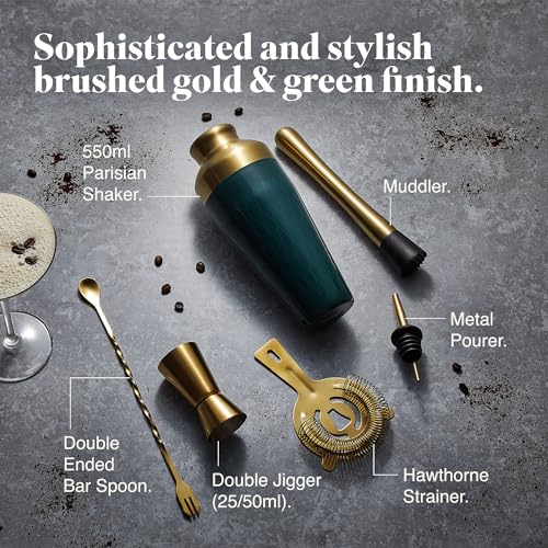 VonShef Cocktail Shaker Set, Gold & Green 6pc Set with Parisian Cocktail Shaker, Bartender Kit w/ Strainer, Muddler, Jigger & More, Gift Box Included - Image 4