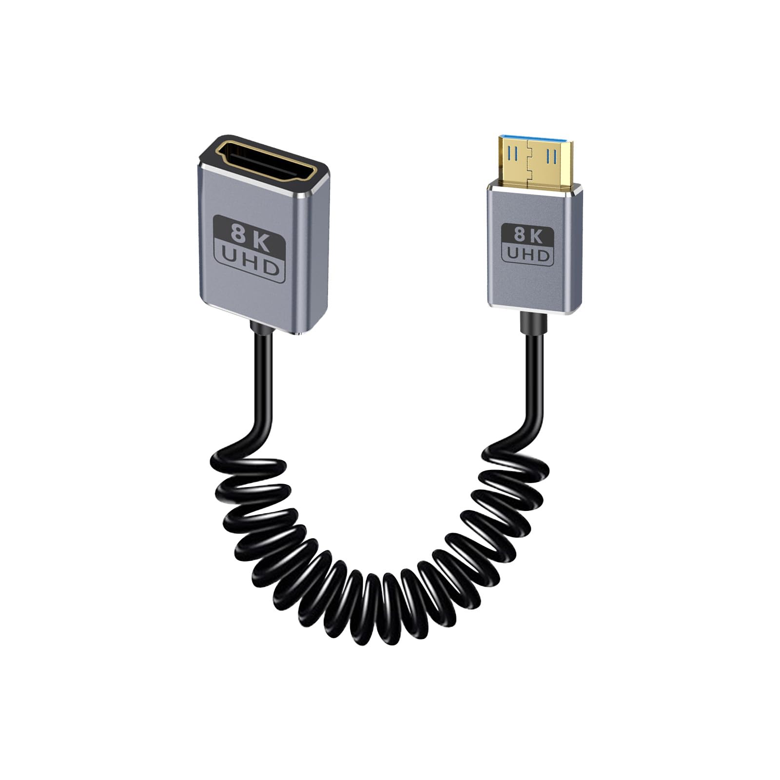 Cable Mini HDMI a HDMI 8K de 48Gbps con diseño en espiral coaxial flexible 8