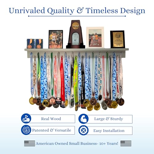 Image of MedalAwardsRack 3ft- Ultimate Medal Hanger Display and Trophy Shelf - Multi-Sport Trophy and Medal Holder for Medal Display, Plaques, Pictures, Trophies and more. Solid Wood - Large 36 inch - Grey