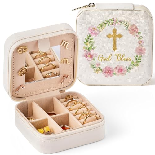 Belanttega God Bless Jewelry Box for Women Girls - Summer First Communion Gifts Cross Floral Portable Travel Jewelry Case Pink Gold Small Jewel Organizer Box, Baptism Wedding Gift for Friend Bride