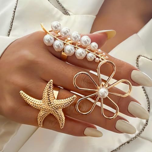 Women's Ocean-Themed Ring Set, 3-Piece Adjustable Open Rings with Starfish, Pearl Branch & Wire Flower Design, Summer Statement Jewelry4