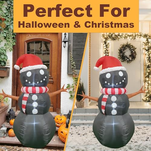 Image of PRODUCTZ Christmas Decorations 5 FT Black Inflatable Snowman w /Christmas Hat Unique Holiday Blow Up Outdoor /Indoor /House /Yard Decor Also Suitable for Halloween w /LED Lights & Free Storage Bag