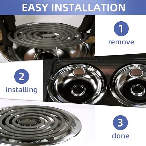 W10196406 and W10196405 Chrome Stove Burner Drip Pan Set for Whirlpool Amana Maytag Magic-Chef Kenmore Electric Range with Locking Slot, Includes 2 6-Inch and 2 8-Inch Drip Bowls