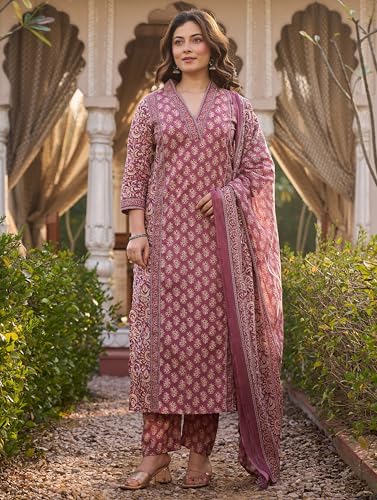 Image of Arayna Women's Cotton Printed Kurta Set with Pants & Dupatta | Elegant Ethnic Wear for Women | Floral Print | Comfortable Suit Set