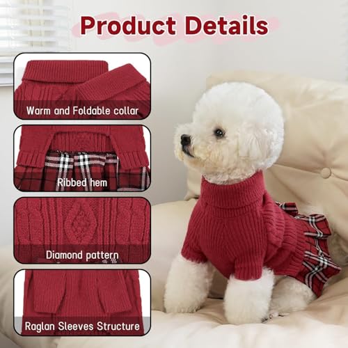 Image of YUDODO Small Dog Sweater Dress with Bowtie Turtleneck Knitted Pet Clothes | Fall Winter Warm Pet Clothes, For Small Dogs Girl, Soft Knit Fabric, Leash Hole, Long Sleeve, Red, S