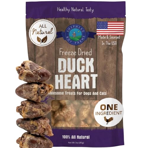 Shepherd Boy Farms Freeze Dried Dog and Cat Treats Duck Heart All Natural Freeze-Dried Dog Treat & Snack Made in USA High in Protein Essential Nutrition of Raw Food Single Ingredient 3oz