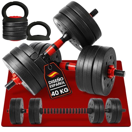 unycos - Juego de Mancuernas Ajustables 4 en 1 con Barra Recta de Conexión, Discos【40 kg】de Cemento Recubiertos, Pesas Clásicas, Pesa Rusa, Soportes para Flexiones, Fitness (Red Transformer)