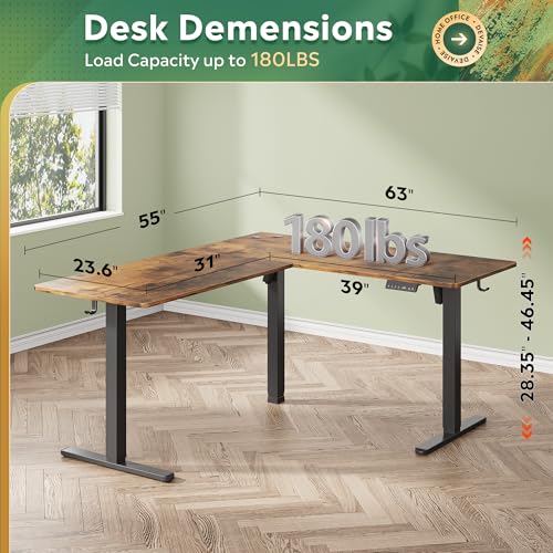 Image of DEVAISE 63 Inch L Shaped Electric Standing Desk, 3 Adjustable Computer Desk for Home Office, Sit to Stand Desk with LED Touchscreen,Headphone Hook, 3 Memory Preset, with Split Top, Rustic Brown