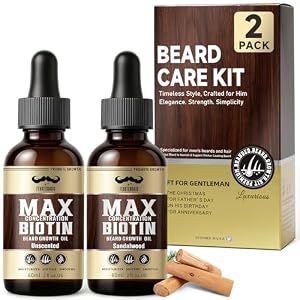Biotin Beard Oil for Men Set – 2 Pack Unscented & Sandalwood Beard Oil Blended with Castor & Grape Seed Oil for Thicker, Softer, Moisturizing Beard – Gift for Father, Husband, Boyfriend – 4 oz