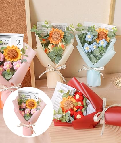 Image of NHCDFA Cotton Crochet Sunflower Bouquet, Crochet Flower Lovely Color Gift for Girls Home Decor for Mother Assortment of Small Sunflower with Light Pink Wrapping Paper