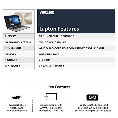Image of ASUS VivoBook 15 X505ZA-EJ274T AMD Quad Core Ryzen 5-2500U 15.6-inch FHD Thin and Light Laptop (8GB RAM /1TB HDD /Windows 10 /Integrated Graphics /1.60 Kg), Dark Grey
