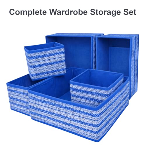 Image of DALUCI 6 Piece Foldable Clothing Storage Box Set | Cube Storage Bins and Dividers for Wardrobe Cloth Organizer for Storage Cupboard and Drawer Organizers for Shirts Pants Underwear Bras Socks (Blue)