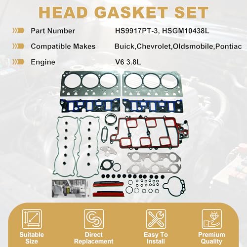 Image of Partsflow Engine Cylinder Head Gasket Set Compatible with Buick Lacrosse 2005, Buick Lesabre 1997-2005, Chevy Impala 2000-2005, Chevy Monte Carlo 1998-2005, Olds Regency 1997-1998 3.8L V6 OHV