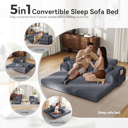 Image of Upgrade High Backrest Design Sofa Bed with Fixed-Shape Frame & Removable Armrests and Backrest, Corduroy Fabric, Convertible Couch for Small Spaces - No Assembly Needed (Dark Gray)