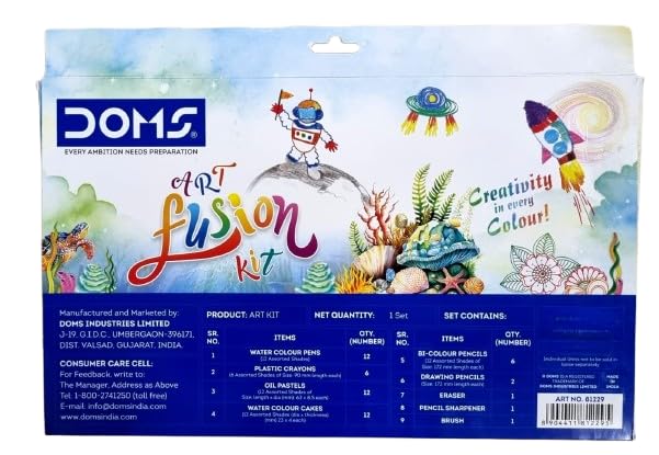 Image of DOMS Art Fusion Kit- Combination of 9 Items- Includes Sketch Pens, Plastic Crayons, Oil Pastel, Water Colour Cakes, Bi-Colour Pencils, Drawing Pencils, Brush, E-Racer Eraser & Pencil Sharpener