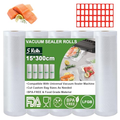Omtofo Bolsas de envasado al vacío, 5 rollos, 15 x 300cm/rollo, bolsas de vacío para alimentos, sin BPA, 150 µm, rollo de lámina de vacío para todas las envasadoras al vacío, microondas y sous