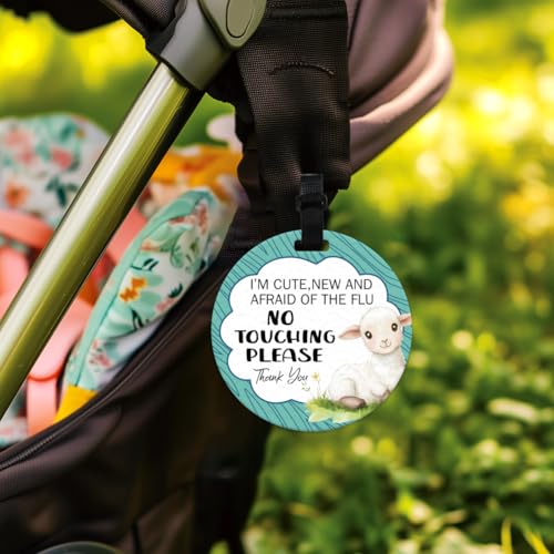 Image of 2 Pack Cute sheep No Touching Signs Textures Style Stop No Touching Safety Sign for Family PVC Seat Signs-Stroller Tag with Hanging Strap and Clip for Car Accessories 5 Inches