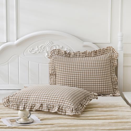 2 Pack Taupe White Plaid Gingham Ruffle Pillow Shams Standard Size 20x26 inches, 100% Washed Cotton Checkered Farmhouse Pillow Covers for Bed/Sofa (20x26 inches,Taupe/White Plaid)