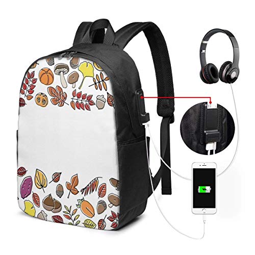 Preisvergleich Produktbild Schulrucksack-Taschen mit USB-Ladeanschluss und Kopfhöreranschluss, Fruits Nuts Leaves Various Different Hand Drawn Style mit Nature Borders Frame, 17in