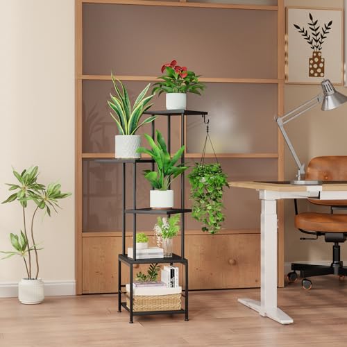 Image of Homsorout Plant Stand Indoor with Grow Light - 5-Tier Metal Plant Shelf with Hanging Basket Hook, Corner Tall Flower Holder for Multiple Plants, Living Room Balcony Garden Patio, Black