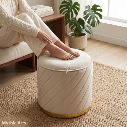 Image of Ottoman Stool, Puffy Stool, Sitting Stool, Modern Upholstered Round Ottoman, Dressing Table for Living-Cream