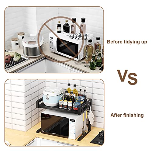 OURECO Microwave Oven Rack Kitchen Steel Microwave Oven Rack, Expandable Oven Shelf, 2-Tier Kitchen Counter Space Saver Shelf With 3 Hooks For Living Room Bathroom Bedroom 4 OURECO Microwave Oven Rack Kitchen Steel Microwave Oven Rack, Expandable Oven Shelf, 2-Tier Kitchen Counter Space Saver Shelf With 3 Hooks For Living Room Bathroom Bedroom
