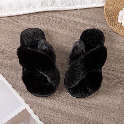 Image of Enteer Women's Slipper Memory Foam Cross Band Fuzzy Slippers Open Toe Cozy House Slippers Cozy Plush Bedroom Indoor Outdoor