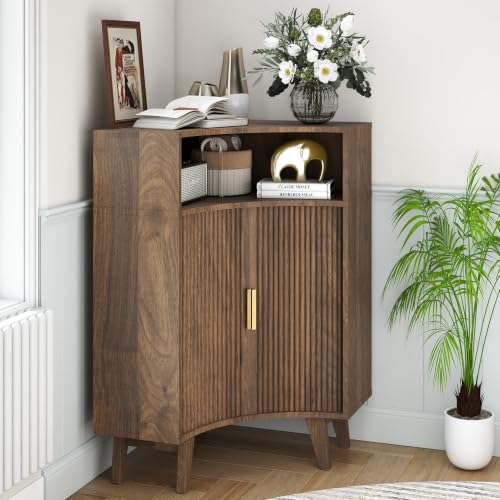 Image of Fluted Corner Cabinet with Open Storage, Modern Floor Cabinets with Sliding Doors and 2-Tier Shelves, Freestanding Narrow Organizer for Small Space,Living Room, Dining Room,Walnut