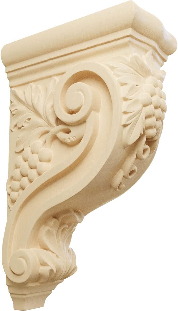 Ekena Millwork COR04X08X13DELW 4 1/4-Inch W x 8-Inch D x 13 1/4-Inch H Devon Grapes & Vines Corbel, Lindenwood