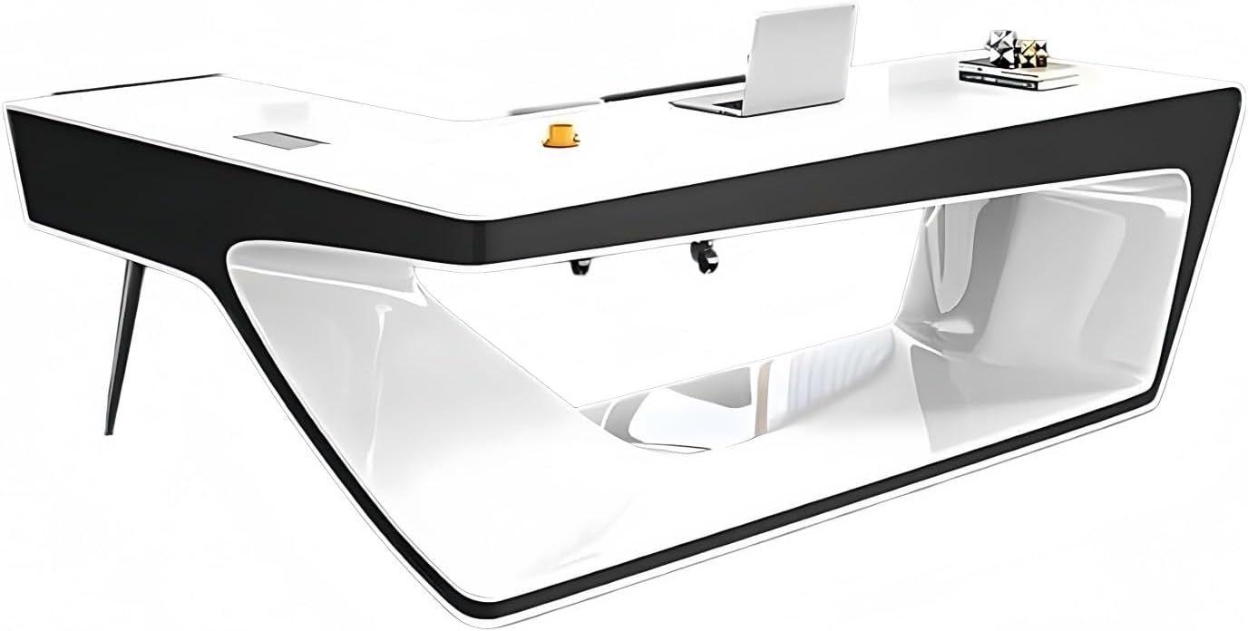 Modern L-Shaped Executive Office Desk - No Assembly Required Premium Wood Desk with Piano Lacquer Finish & Built-in Power Outlet(110.2")