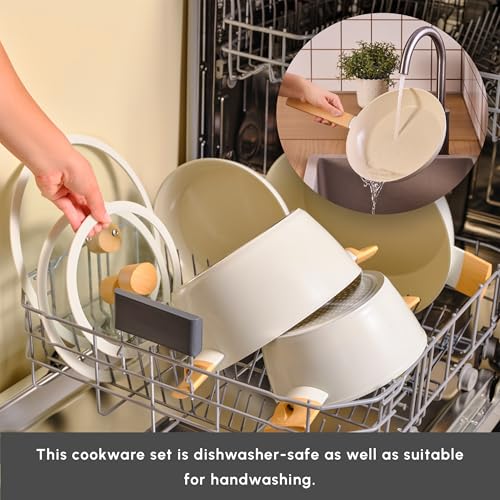 Karaca Swiss Crystal Ceramic Almond Cookware Set - Non Stick Pots and Pans Set with Lid - PFAS-Free, Induction Hob Compatible Cookware, Cream, 7 Piece