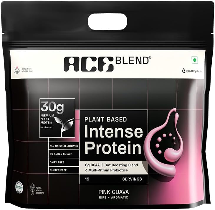 Ace Blend INTENSE 30G A-Grade Plant Protein | 15 Servings | Pink Guava Flavour | Probiotics & Fibre | 6g BCAA | 95%+ Bio Available | Advanced Lean Muscle Growth & Recovery
