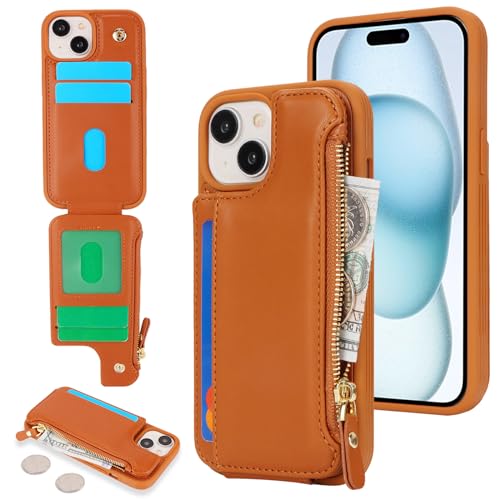 Cavor Funda para iPhone 15 con tarjetero, funda tipo cartera para iPhone 15 para mujer, funda para iPhone 15 con cartera, bolsillo de cuero con cremallera, funda a prueba de golpes, color marrón