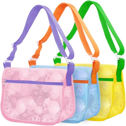 Mesh Beach Bags for Sand Toys - 3 Pack Seashell Collecting Bags with Adjustable Straps, Kids Beach Toy Organizer & Shell Pouch for Boys Girls, Summer Beach Essentials