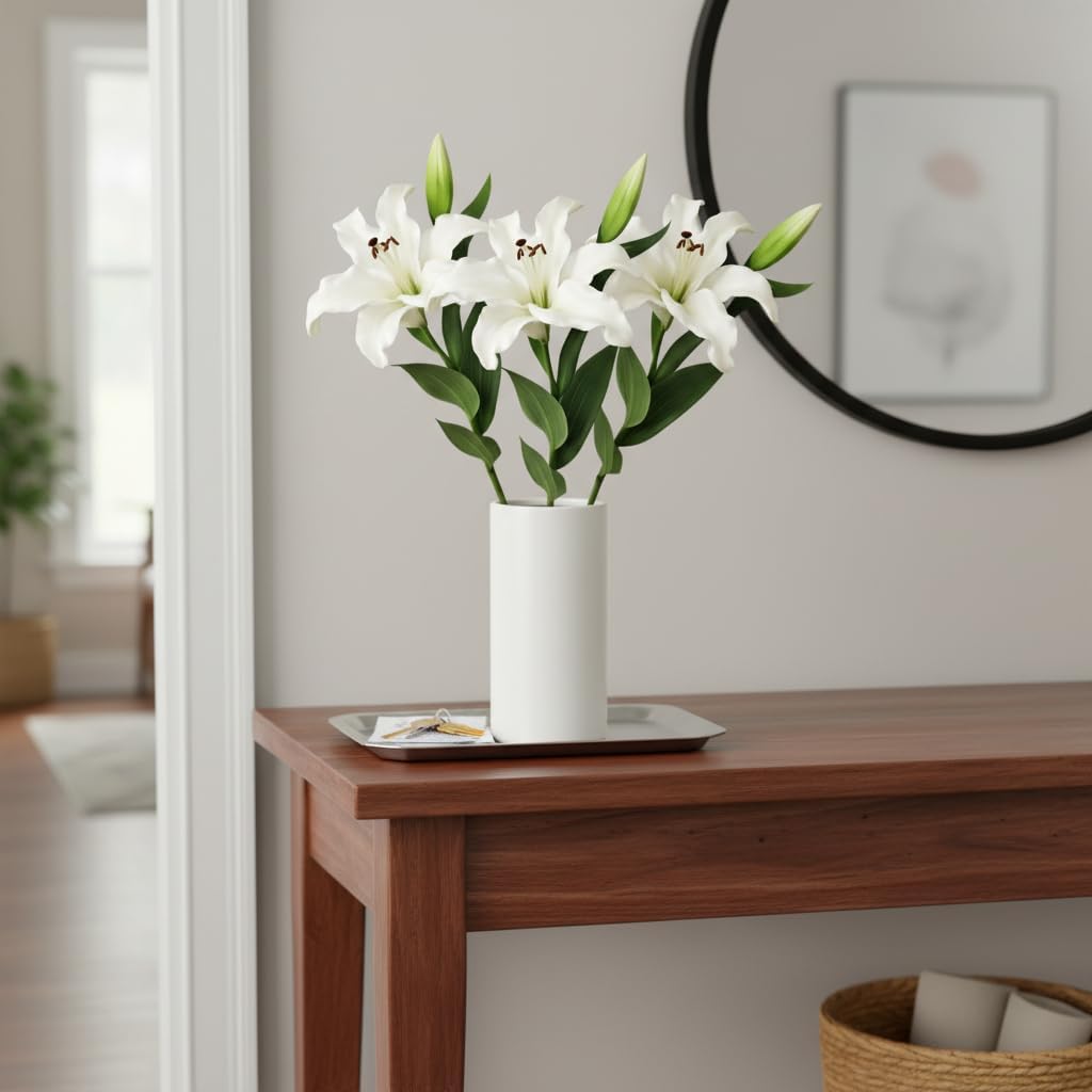 30 Inch Long Artificial Tiger Lily Flowers 3 Pack Green & White Real Touch Faux Lilies for Floor Vase, Living Room, Entryway, Tall Home Decor, Wedding Centerpiece