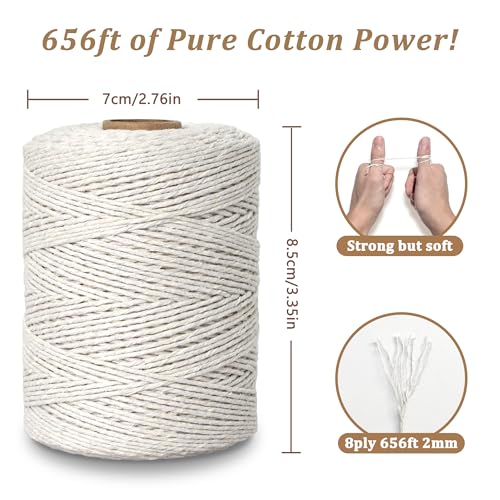 Butchers Twine for Cooking, Baking & Crafts - Food Safe Kitchen Twine for Tying Meat, Trussing Turkey, Roasting, Sausage Making - Strong Cotton Rope for Garden, Crafts & Packing, 656ft 2mm(Beige)