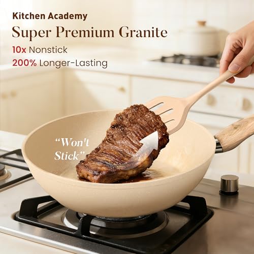 Image of Kitchen Academy Beige Pots and Pans Set Non Stick, 12Pcs Induction Cookware | Granite Nonstick Cookware Sets. Healthy kitchen cooking pan and pot. Even heating, easy to clean.100% PFOA & PFAS free.