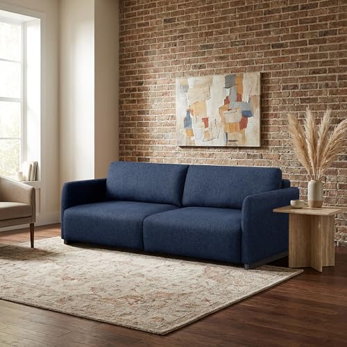 Image of Serta Vail 86 inch Convertible Sleeper Sofa, Queen Size, Wall-Hugging Dreamglide Mechanism, Dreamcoil Comfort, Boucle Fabric, Navy Blue