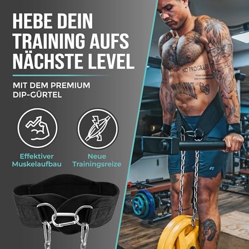 PULLUP & DIP Gürtel mit Kette und 3x Karabiner, Dip Gürtel inkl. Neopren Klappen als Kleiderschutz, Gewichtsgürtel, Weighted Belt, Klimmzug Gürtel für Calisthenics, Kraftsport, Bodybuilding – Bild 5