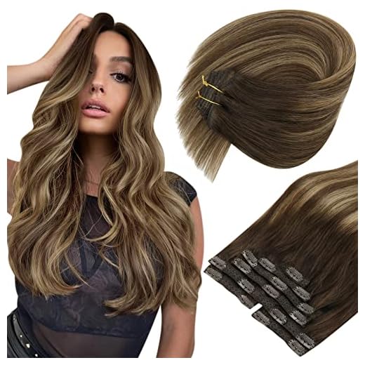 Sunny Human Hair Clip In Extensions Balayage Dark Brown To Caramel Blonde Mix Brown Real Hair Extensions Clip In Human Hair Remy Clip On Hair Extensions Brown Balayage Double Weft 7Pcs 120G 22Inch