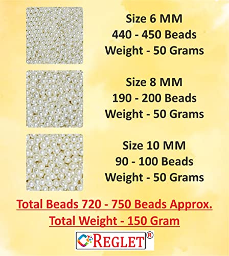Image of 750 Pcs Off White Beads - 6nm, 8mm, 10mm - DIY Beads for Bracelets Making Kit, Crafting, Embroidery Crafts, Jewellery Making Kit, Beadwork, Pearls for Craft, Beading - 150 Grams