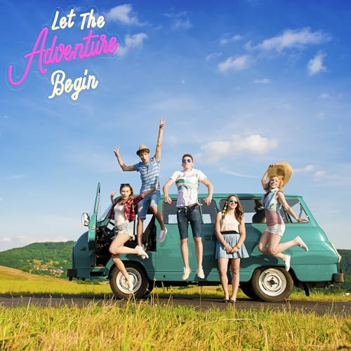 Image of Let The Adventure Begin Neon Sign, Pink & White LED Neon Light for Wedding Backdrop, Bachelorette Party Decor, Bridal Shower Photo Booth, Bedroom Wall Art, USB Powered Dimmable Neon Wall Sign