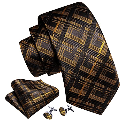 Image of Barry.Wang Plaid Ties Check Mens Necktie Set with Handkerchief Cufflinks Classic Stripe