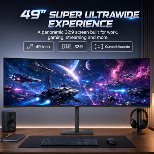 Image of Deco Gear 49 Inch Curved Monitor, 3840x1080 Ultrawide Gaming WDFHD Screen, 144Hz, 32:9, 3ms, 3000:1 VA Display, HDR400, Adaptive Sync, USB-C 65W, HDMI, PIP /PBP, KVM, 1800R, Office & Workstation Setup
