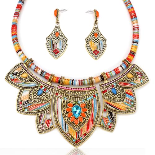 Zhlichouy African Jewelry Sets for Women Boho Tribal Retro Statement Choker Necklace and Dainty Dangle Earring Set Multicolor Ethnic Style Chunky Bib Collar Costume Jewelry Accessories for Women