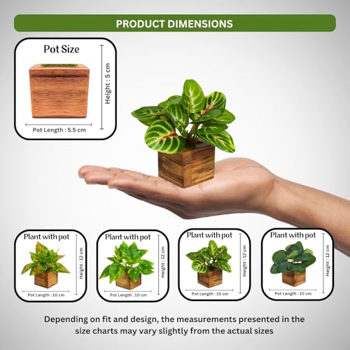Image of DecoreBugs Artificial Leaves Potted Plants in Wooden Pot (4 Pack) Money Plant | Small Plants for Home Decor | Office Decor